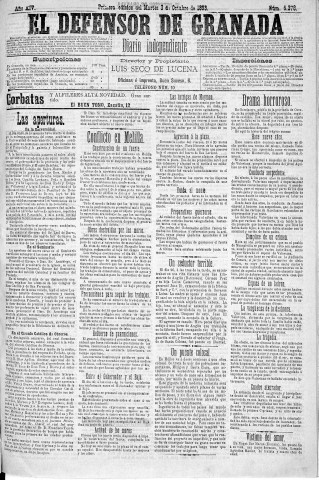 'El Defensor de Granada  : diario político independiente' - Año XIV Número 6378 1ª ed. - 1893 Octubre 03