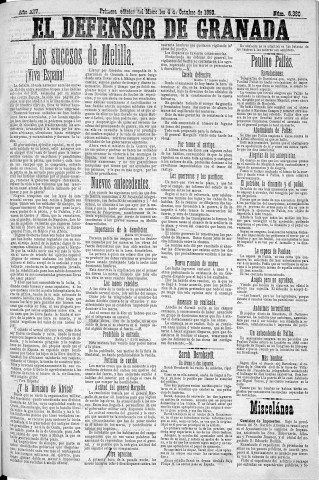 'El Defensor de Granada  : diario político independiente' - Año XIV Número 6380 1ª ed. - 1893 Octubre 04
