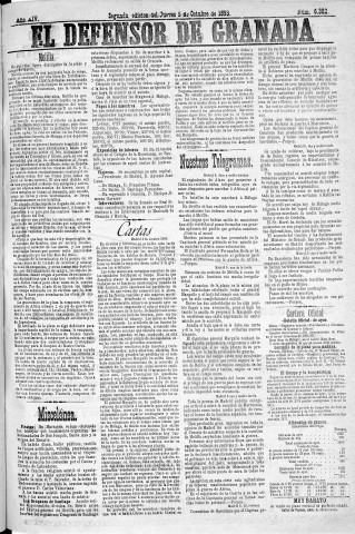 'El Defensor de Granada  : diario político independiente' - Año XIV Número 6382 2ª ed. - 1893 Octubre 05