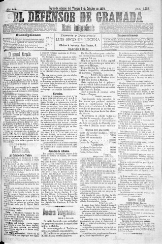 'El Defensor de Granada  : diario político independiente' - Año XIV Número 6384 2ª ed. - 1893 Octubre 06