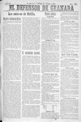 'El Defensor de Granada  : diario político independiente' - Año XIV Número 6387 1ª ed. - 1893 Octubre 08