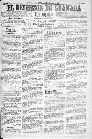 'El Defensor de Granada  : diario político independiente' - Año XIV Número 6396 2ª ed. - 1893 Octubre 13