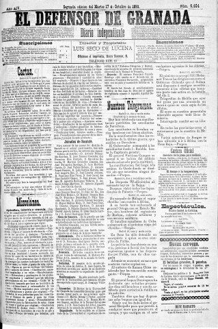 'El Defensor de Granada  : diario político independiente' - Año XIV Número 6404 2ª ed. - 1893 Octubre 17