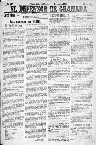 'El Defensor de Granada  : diario político independiente' - Año XIV Número 6429 1ª ed. - 1893 Noviembre 01
