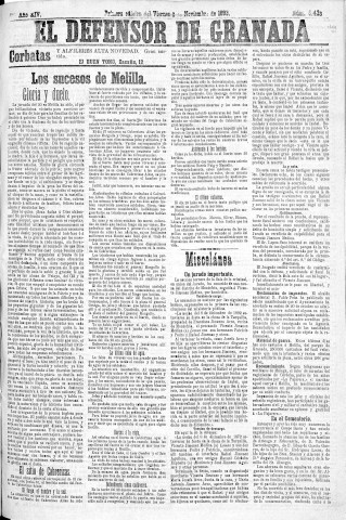 'El Defensor de Granada  : diario político independiente' - Año XIV Número 6433 1ª ed. - 1893 Noviembre 03
