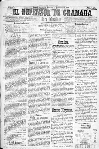'El Defensor de Granada  : diario político independiente' - Año XIV Número 6434 2ª ed. - 1893 Noviembre 03
