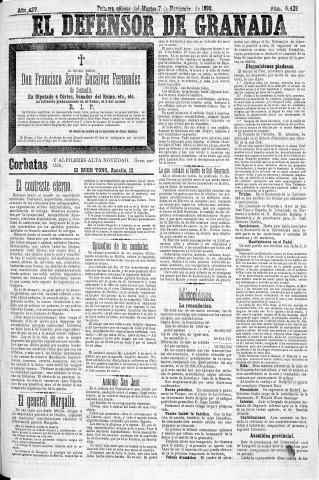'El Defensor de Granada  : diario político independiente' - Año XIV Número 6439 1ª ed. - 1893 Noviembre 07