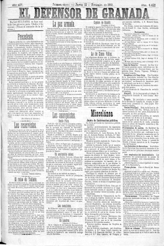 'El Defensor de Granada  : diario político independiente' - Año XIV Número 6452 1ª ed. - 1893 Noviembre 16