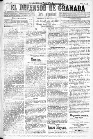 'El Defensor de Granada  : diario político independiente' - Año XIV Número 6455 2ª ed. - 1893 Noviembre 17