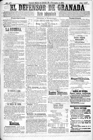 'El Defensor de Granada  : diario político independiente' - Año XIV Número 6457 2ª ed. - 1893 Noviembre 18