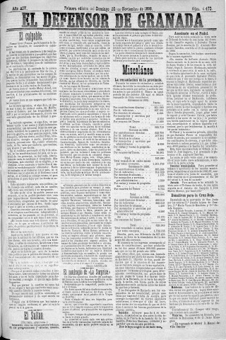 'El Defensor de Granada  : diario político independiente' - Año XIV Número 6470 1ª ed. - 1893 Noviembre 26