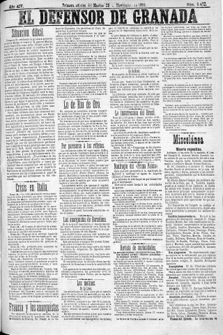'El Defensor de Granada  : diario político independiente' - Año XIV Número 6472 1ª ed. - 1893 Noviembre 28