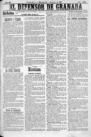 'El Defensor de Granada  : diario político independiente' - Año XIV Número 6475 3ª ed. - 1893 Noviembre 29