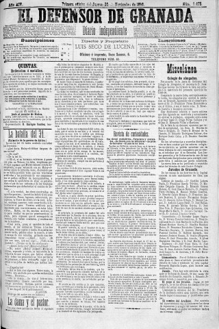 'El Defensor de Granada  : diario político independiente' - Año XIV Número 6475 1ª ed. - 1893 Noviembre 30