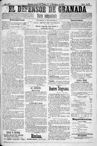 'El Defensor de Granada  : diario político independiente' - Año XIV Número 6479 2ª ed. - 1893 Diciembre 01