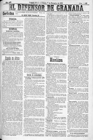 'El Defensor de Granada  : diario político independiente' - Año XIV Número 6490 1ª ed. - 1893 Diciembre 07