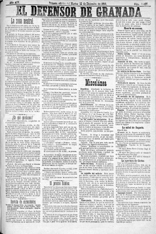 'El Defensor de Granada  : diario político independiente' - Año XIV Número 6497 1ª ed. - 1893 Diciembre 12