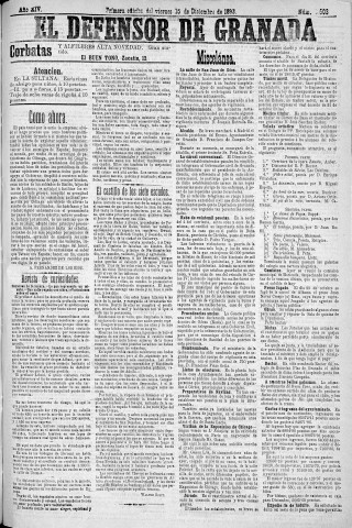 'El Defensor de Granada  : diario político independiente' - Año XIV Número 6503 1ª ed. - 1893 Diciembre 15