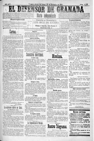 'El Defensor de Granada  : diario político independiente' - Año XIV Número 6508 1ª ed. - 1893 Diciembre 18