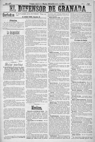 'El Defensor de Granada  : diario político independiente' - Año XIV Número 6510 1ª ed. - 1893 Diciembre 19