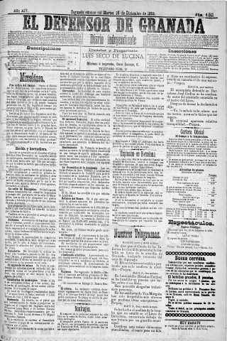 'El Defensor de Granada  : diario político independiente' - Año XIV Número 6511 2ª ed. - 1893 Diciembre 19