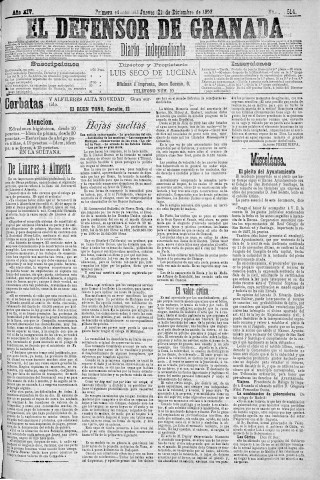 'El Defensor de Granada  : diario político independiente' - Año XIV Número 6514 1ª ed. - 1893 Diciembre 21