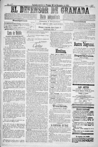 'El Defensor de Granada  : diario político independiente' - Año XIV Número 6517 2ª ed. - 1893 Diciembre 22
