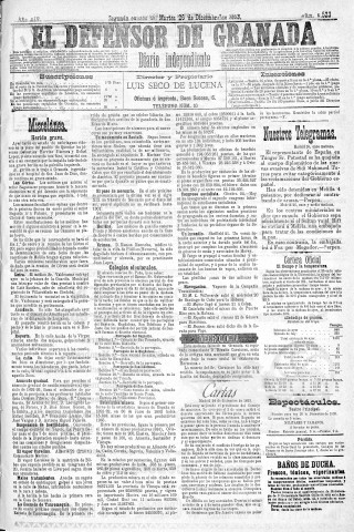 'El Defensor de Granada  : diario político independiente' - Año XIV Número 6523 2ª ed. - 1893 Diciembre 26