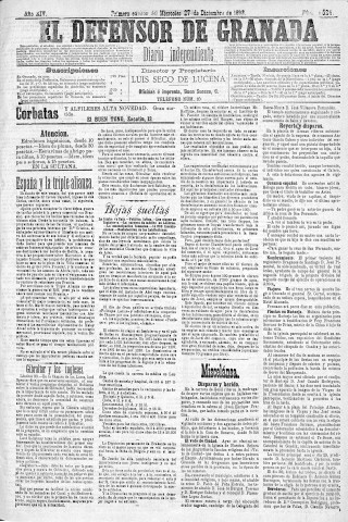 'El Defensor de Granada  : diario político independiente' - Año XIV Número 6524 1ª ed. - 1893 Diciembre 27