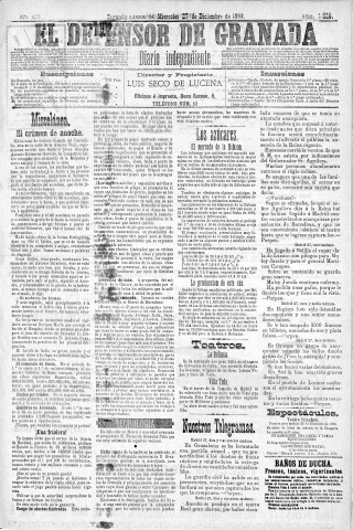 'El Defensor de Granada  : diario político independiente' - Año XIV Número 6525 2ª ed. - 1893 Diciembre 27