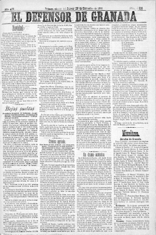 'El Defensor de Granada  : diario político independiente' - Año XIV Número 6526 1ª ed. - 1893 Diciembre 28