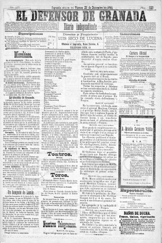 'El Defensor de Granada  : diario político independiente' - Año XIV Número 6529 2ª ed. - 1893 Diciembre 29