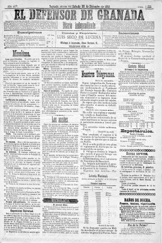 'El Defensor de Granada  : diario político independiente' - Año XIV Número 6531 2ª ed. - 1893 Diciembre 30