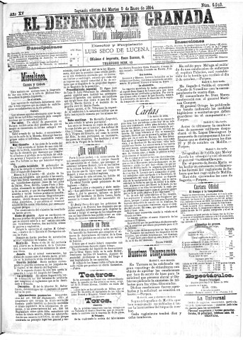 'El Defensor de Granada  : diario político independiente' - Año XV Número 6549 2ª ed. - 1894 Enero 09