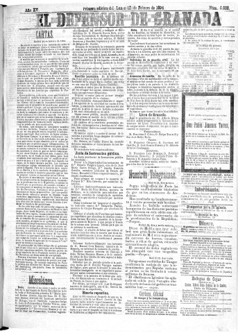 'El Defensor de Granada  : diario político independiente' - Año XV Número 6608 1ª ed. - 1894 Febrero 12