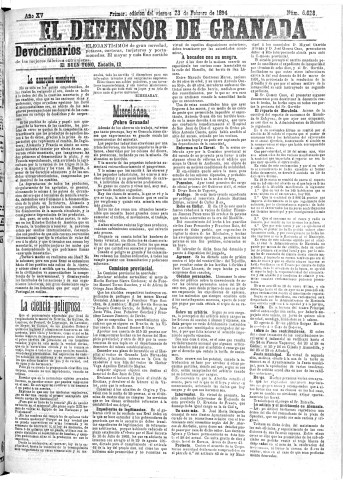 'El Defensor de Granada  : diario político independiente' - Año XV Número 6627 1ª ed. - 1894 Febrero 23