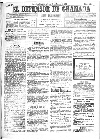 'El Defensor de Granada  : diario político independiente' - Año XV Número 6628 2ª ed. - 1894 Febrero 23