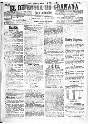'El Defensor de Granada  : diario político independiente' - Año XV Número 6630 2ª ed. - 1894 Febrero 24