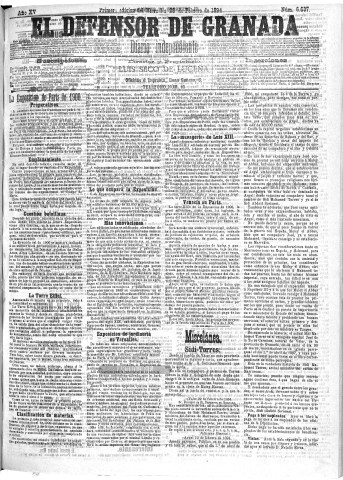 'El Defensor de Granada  : diario político independiente' - Año XV Número 6636 1ª ed. - 1894 Febrero 28