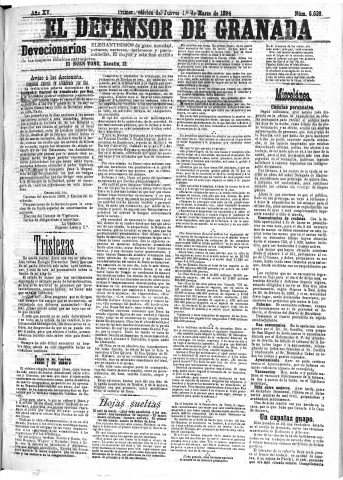 'El Defensor de Granada  : diario político independiente' - Año XV Número 6638 1ª ed. - 1894 Marzo 01