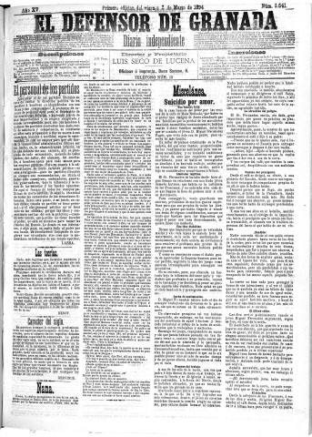 'El Defensor de Granada  : diario político independiente' - Año XV Número 6640 1ª ed. - 1894 Marzo 02