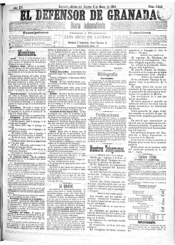 'El Defensor de Granada  : diario político independiente' - Año XV Número 6652 2ª ed. - 1894 Marzo 08