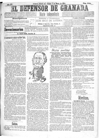 'El Defensor de Granada  : diario político independiente' - Año XV Número 6653 1ª ed. - 1894 Marzo 09