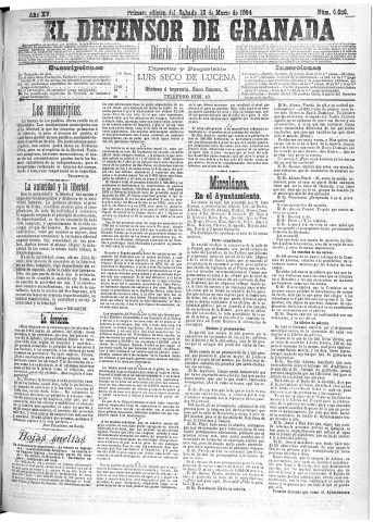 'El Defensor de Granada  : diario político independiente' - Año XV Número 6655 1ª ed. - 1894 Marzo 10
