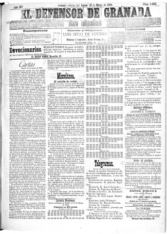 'El Defensor de Granada  : diario político independiente' - Año XV Número 6658 1ª ed. - 1894 Marzo 12
