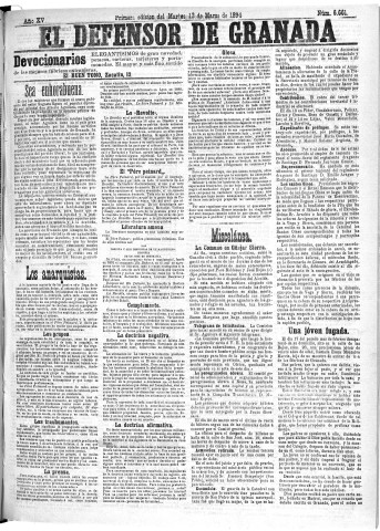 'El Defensor de Granada  : diario político independiente' - Año XV Número 6660 1ª ed. - 1894 Marzo 13