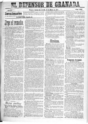 'El Defensor de Granada  : diario político independiente' - Año XV Número 6664 1ª ed. - 1894 Marzo 15