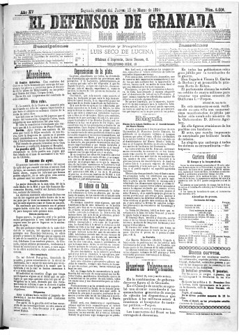'El Defensor de Granada  : diario político independiente' - Año XV Número 6665 2ª ed. - 1894 Marzo 15