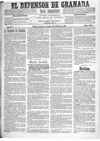 'El Defensor de Granada  : diario político independiente' - Año XV Número 6666 1ª ed. - 1894 Marzo 16