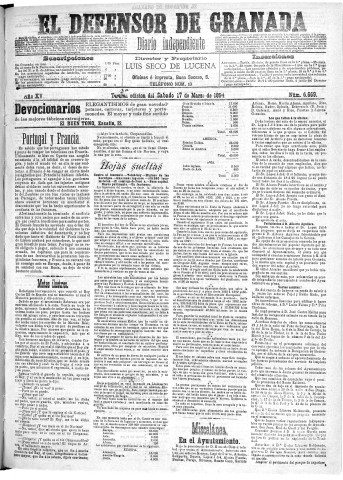 'El Defensor de Granada  : diario político independiente' - Año XV Número 6668 1ª ed. - 1894 Marzo 17